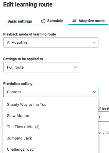 AI Adaptív útvonal beállításai